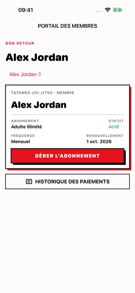 Application iPhone Tatame0 Membre montrant l'état de l'adhésion de l'élève