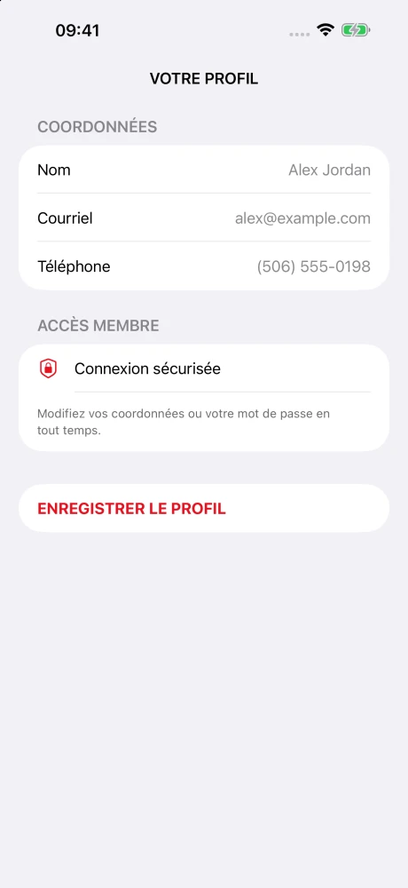 Écran de profil de l'élève sur l'application iPhone Tatame0 Membre