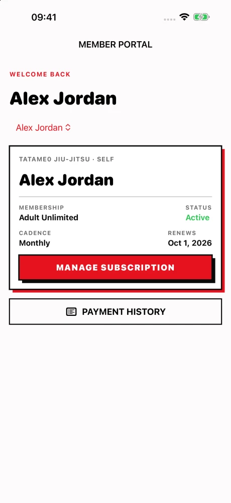 Tatame0 Member iPhone app showing a student's membership status