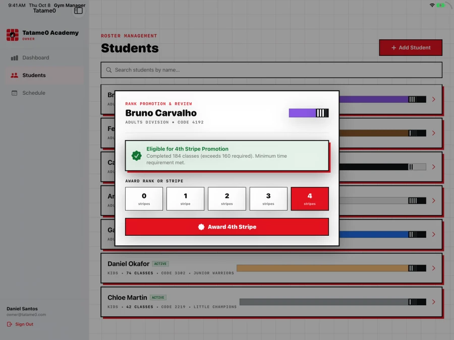 Tatame0 Owner promotion tracking screen