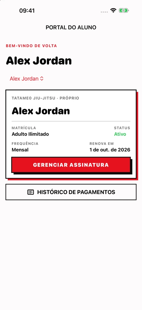 App Tatame0 Aluno no iPhone exibindo status da matrícula do atleta