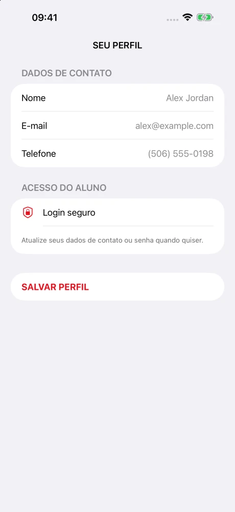 Tela de perfil do aluno no aplicativo Tatame0 Aluno